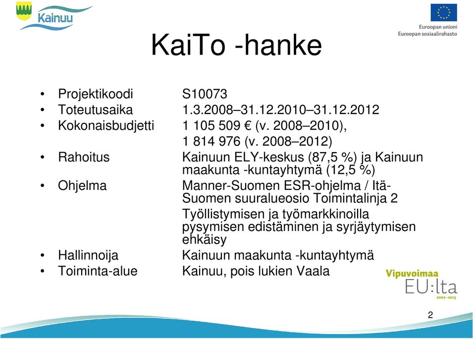 2008 2012) Rahoitus Kainuun ELY-keskus (87,5 %) ja Kainuun maakunta -kuntayhtymä (12,5 %) Ohjelma Manner-Suomen