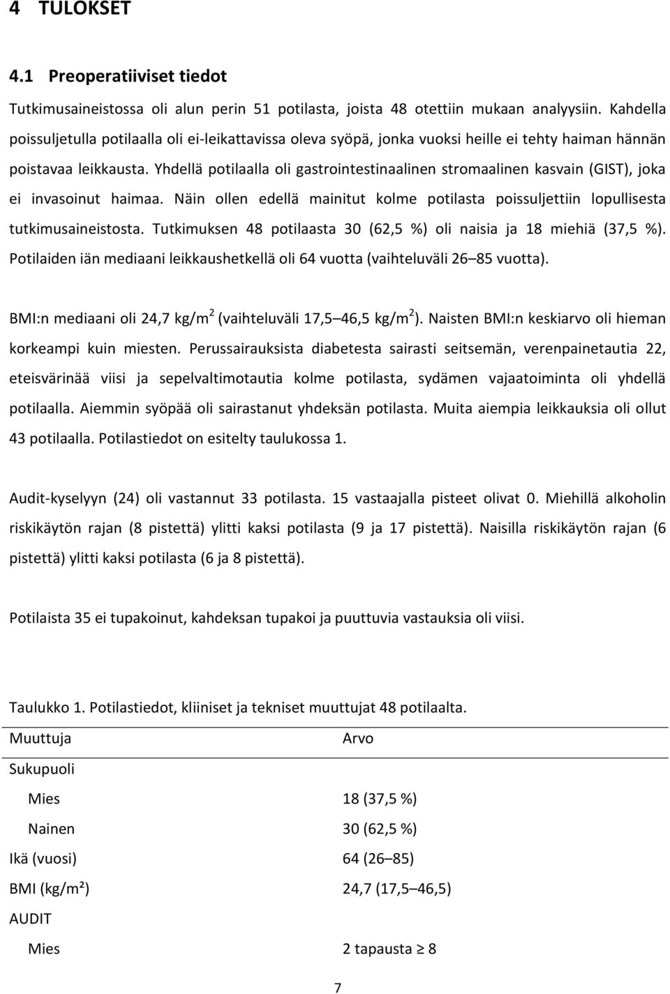 Yhdellä potilaalla oli gastrointestinaalinen stromaalinen kasvain (GIST), joka ei invasoinut haimaa. Näin ollen edellä mainitut kolme potilasta poissuljettiin lopullisesta tutkimusaineistosta.