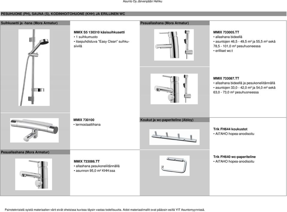 TT allashana bideellä ja pesukoneliitännällä asuntojen 33,0-42,0 m² ja 54,0 m² sekä 63,0-73,0 m² pesuhuoneessa MMIX 730100 termostaattihana Koukut ja wc-paperiteline (Abloy)