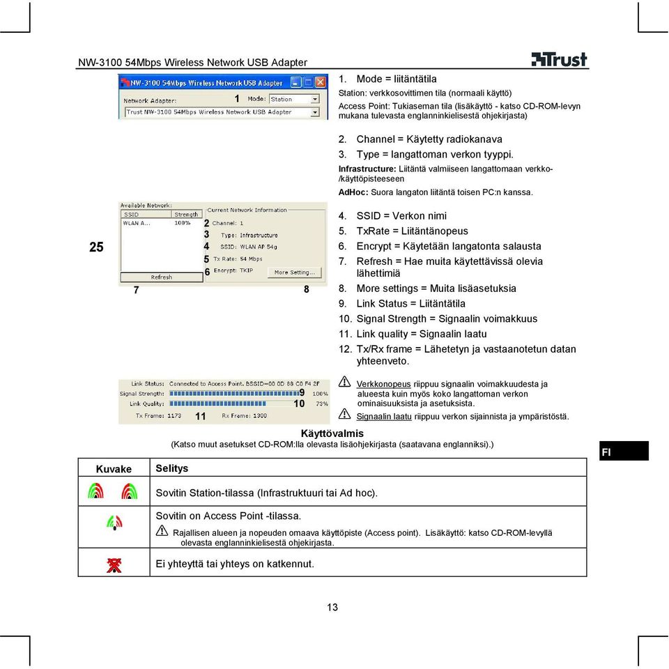 SSID = Verkon nimi 5. TxRate = Liitäntänopeus 6. Encrypt = Käytetään langatonta salausta 7. Refresh = Hae muita käytettävissä olevia lähettimiä 8. More settings = Muita lisäasetuksia 9.