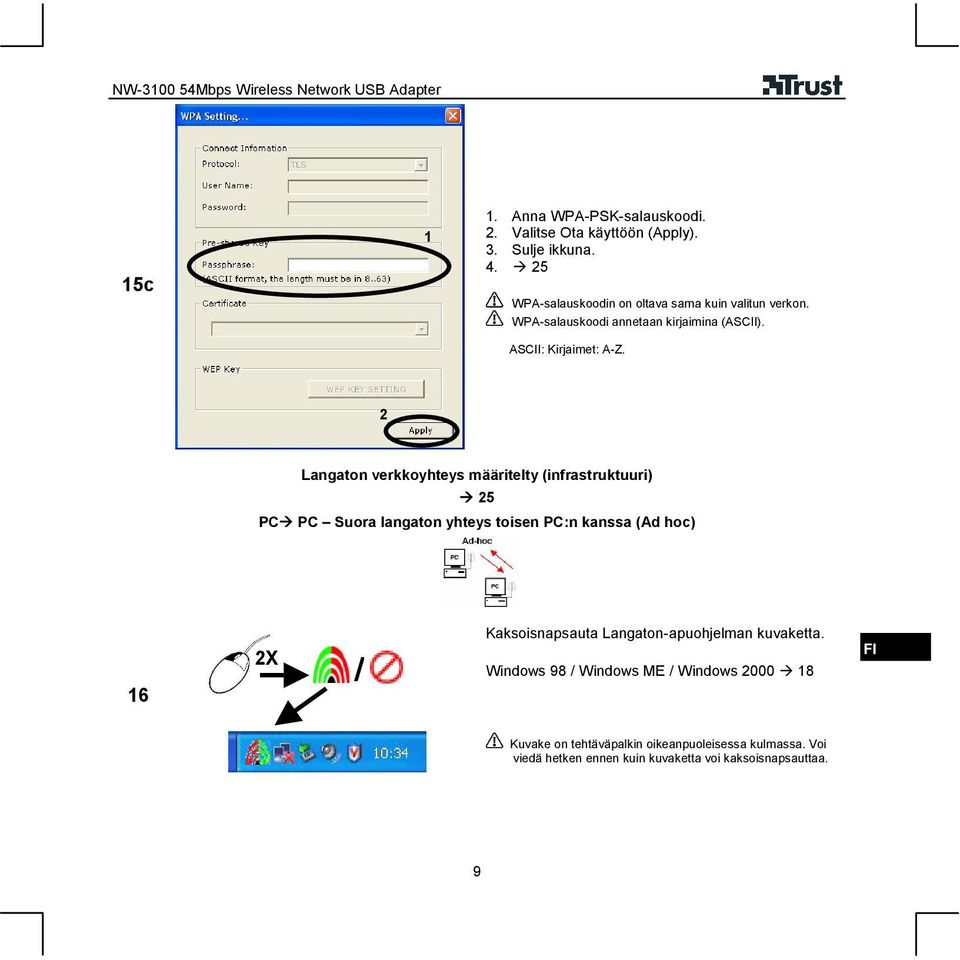 Langaton verkkoyhteys määritelty (infrastruktuuri) 5 PC PC Suora langaton yhteys toisen PC:n kanssa (Ad hoc) 6 X / Kaksoisnapsauta