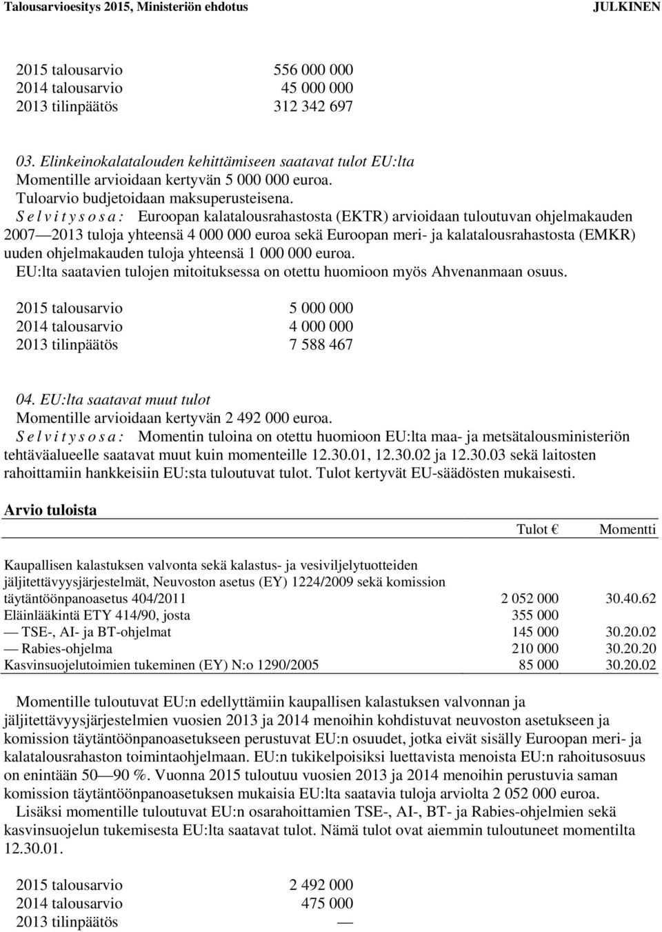 S e l v i t y s o s a : Euroopan kalatalousrahastosta (EKTR) arvioidaan tuloutuvan ohjelmakauden 2007 2013 tuloja yhteensä 4 000 000 euroa sekä Euroopan meri- ja kalatalousrahastosta (EMKR) uuden