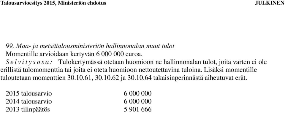 tulomomenttia tai joita ei oteta huomioon nettoutettavina tuloina. Lisäksi momentille tuloutetaan momenttien 30.10.