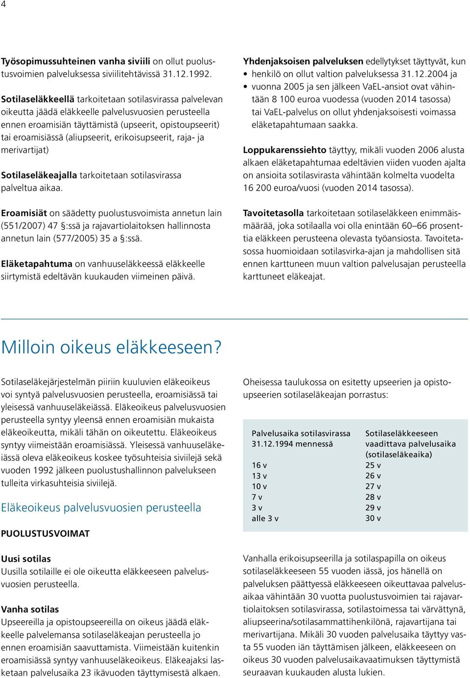 erikoisupseerit, raja- ja merivartijat) Sotilaseläkeajalla tarkoitetaan sotilasvirassa palveltua aikaa.