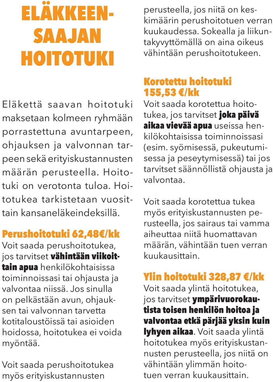 Perushoitotuki 62,48 /kk Voit saada perushoitotukea, jos tarvitset vähintään viikoittain apua henkilökohtaisissa toiminnoissasi tai ohjausta ja valvontaa niissä.