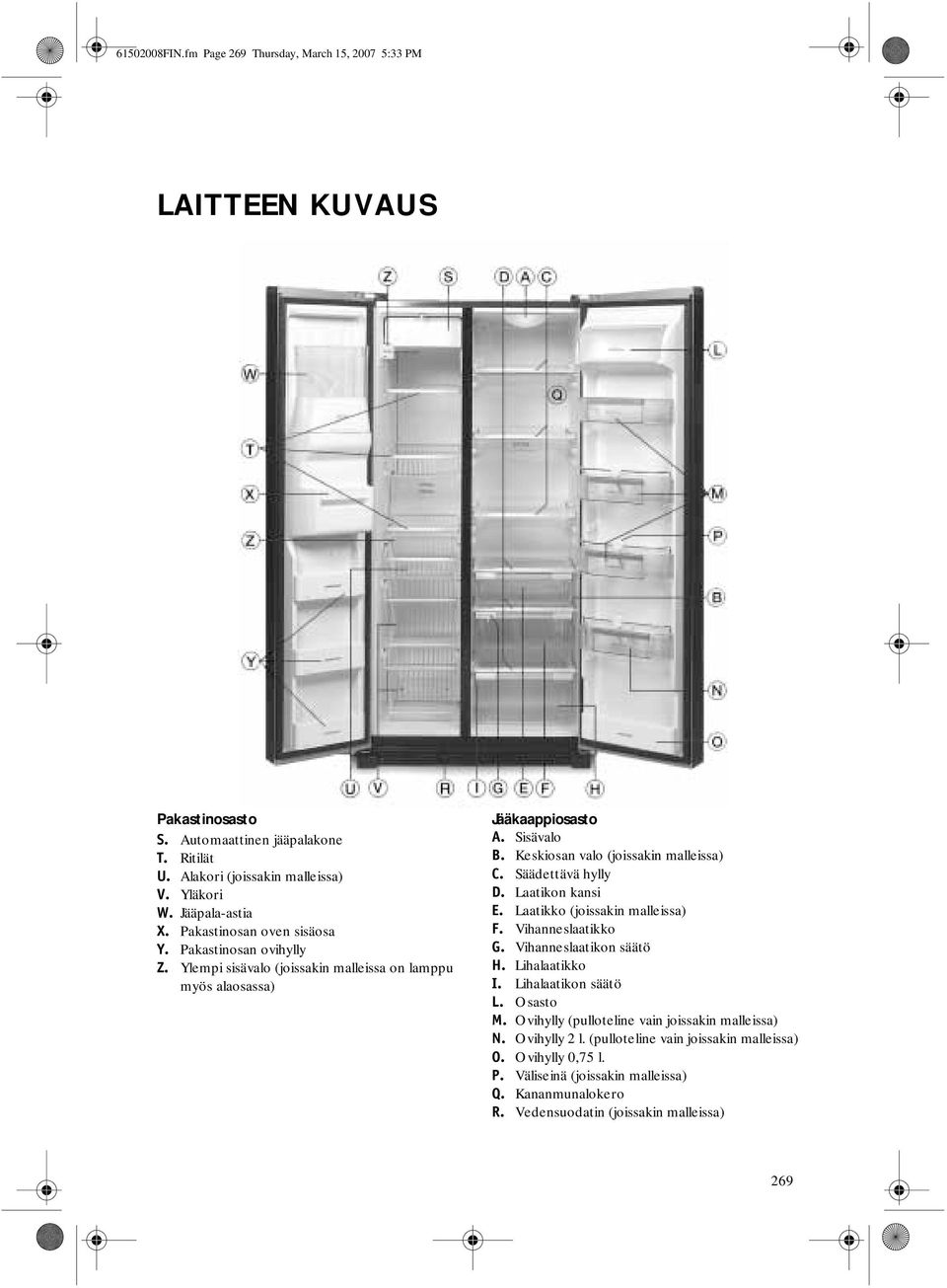 Säädettävä hylly D. Laatikon kansi E. Laatikko (joissakin malleissa). Vihanneslaatikko G. Vihanneslaatikon säätö H. Lihalaatikko I. Lihalaatikon säätö L. Osasto M.