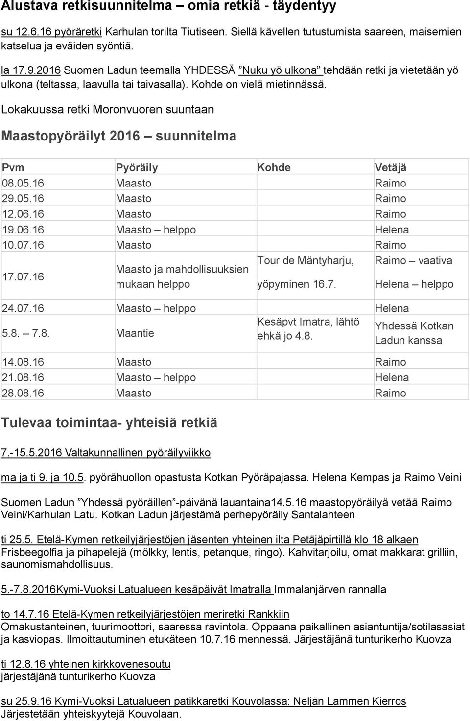 Lokakuussa retki Moronvuoren suuntaan Maastopyöräilyt 2016 suunnitelma Pvm Pyöräily Kohde Vetäjä 08.05.16 Maasto Raimo 29.05.16 Maasto Raimo 12.06.16 Maasto Raimo 19.06.16 Maasto helppo Helena 10.07.