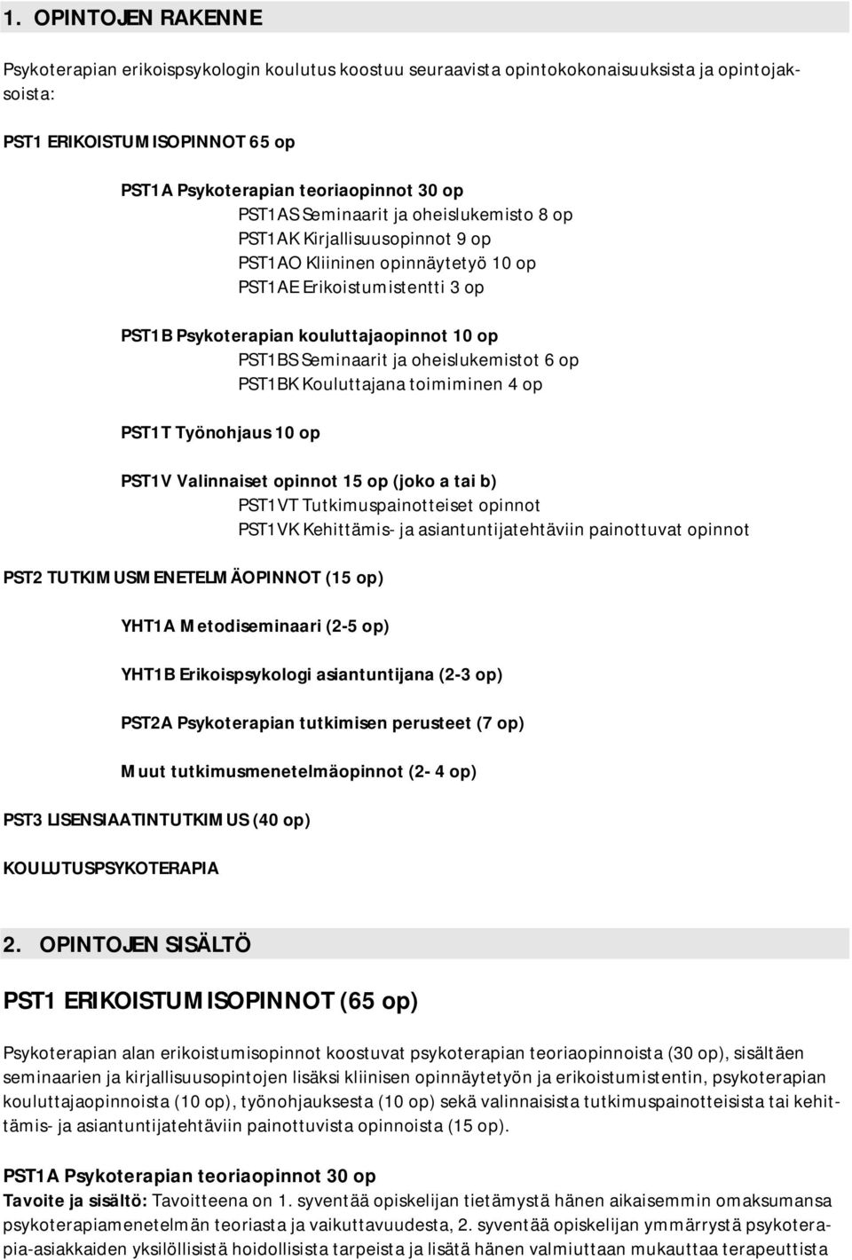 Seminaarit ja oheislukemistot 6 op PST1BK Kouluttajana toimiminen 4 op PST1T Työnohjaus 10 op PST1V Valinnaiset opinnot 15 op (joko a tai b) PST1VT Tutkimuspainotteiset opinnot PST1VK Kehittämis- ja