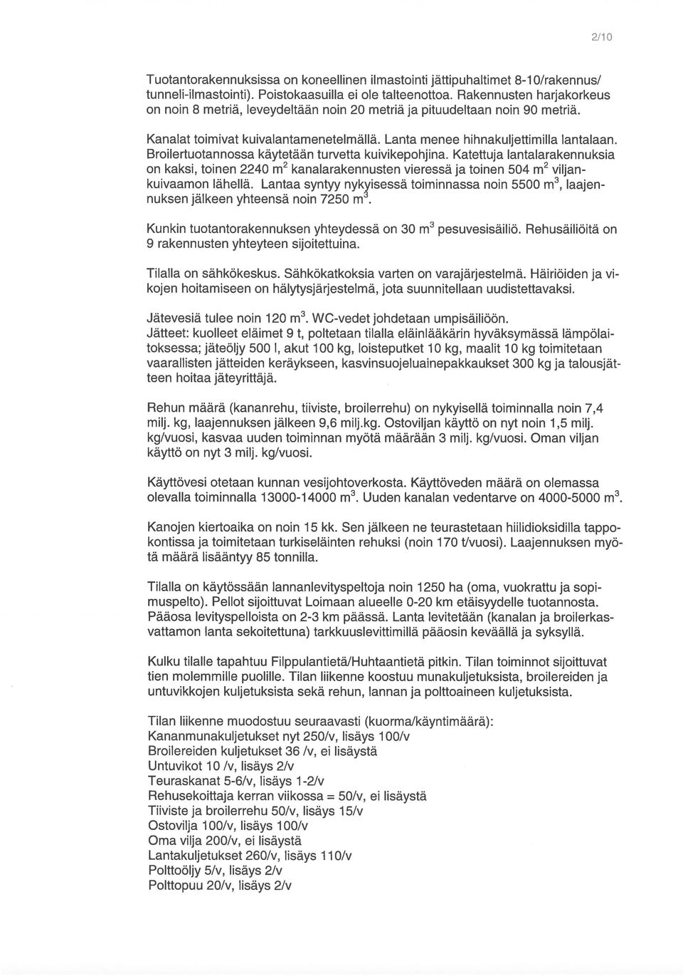 Broilertuotannossa käytetään turvetta kuivikepohjina. Katettuja lantalarakennuksia on kaksi, toinen 2240 m2 kanalarakennusten vieressä ja toinen 504 m2 viljankuivaamon lähellä.