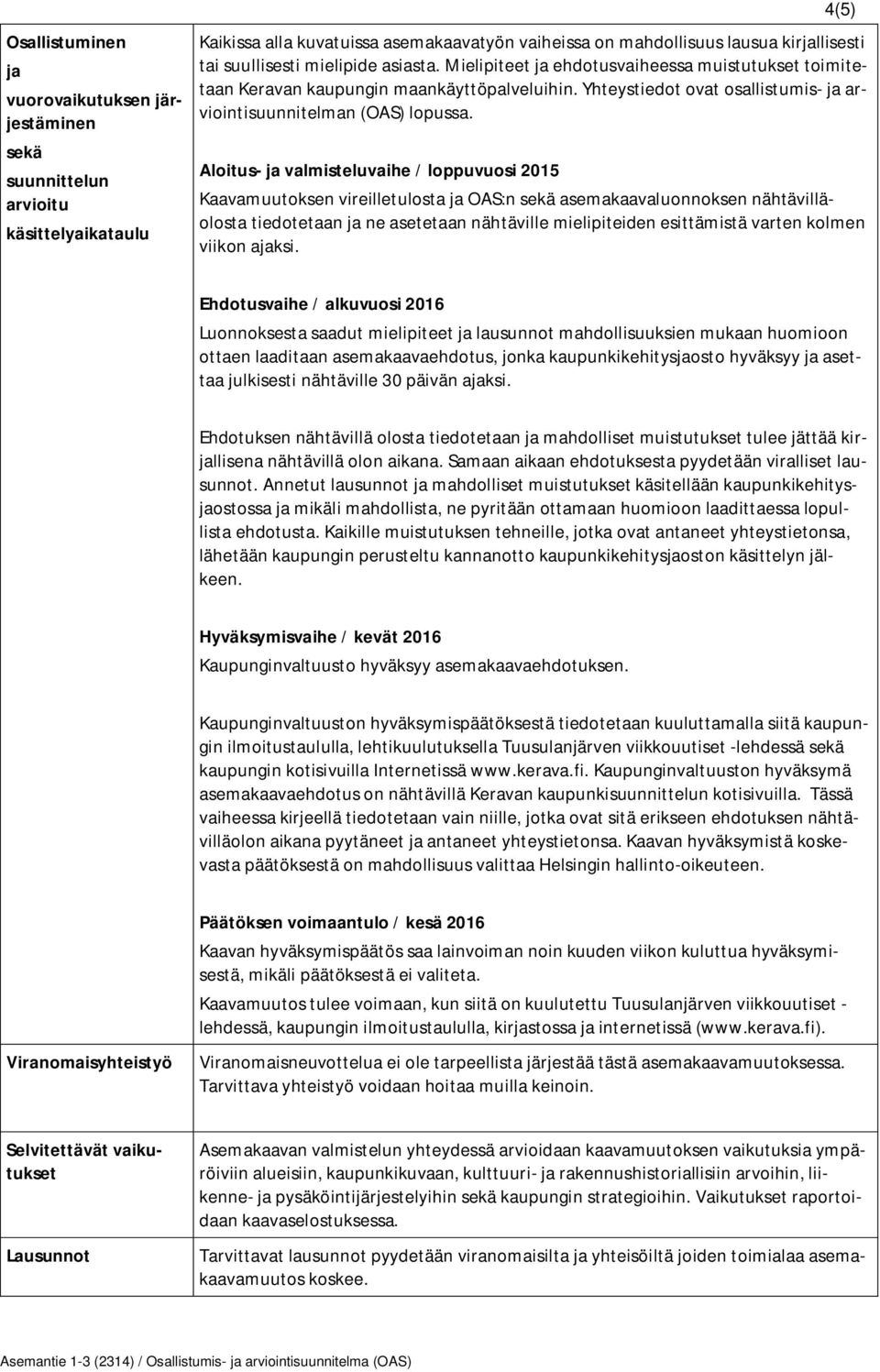 Aloitus- ja valmisteluvaihe / loppuvuosi 2015 Kaavamuutoksen vireilletulosta ja OAS:n sekä asemakaavaluonnoksen nähtävilläolosta tiedotetaan ja ne asetetaan nähtäville mielipiteiden esittämistä