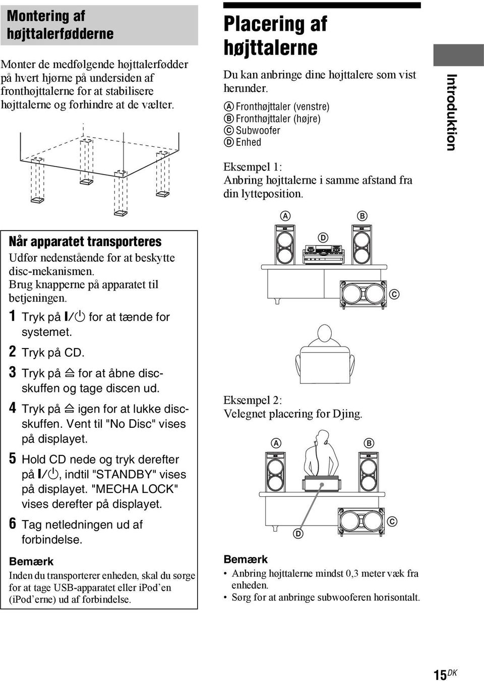 A Fronthøjttaler (venstre) B Fronthøjttaler (højre) C Subwoofer D Enhed Introduktion Eksempel 1: Anbring højttalerne i samme afstand fra din lytteposition.