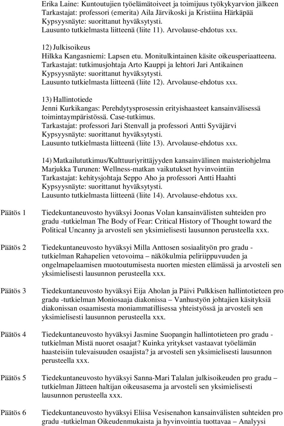 Tarkastajat: tutkimusjohtaja Arto Kauppi ja lehtori Jari Antikainen Lausunto tutkielmasta liitteenä (liite 12). Arvolause-ehdotus xxx.