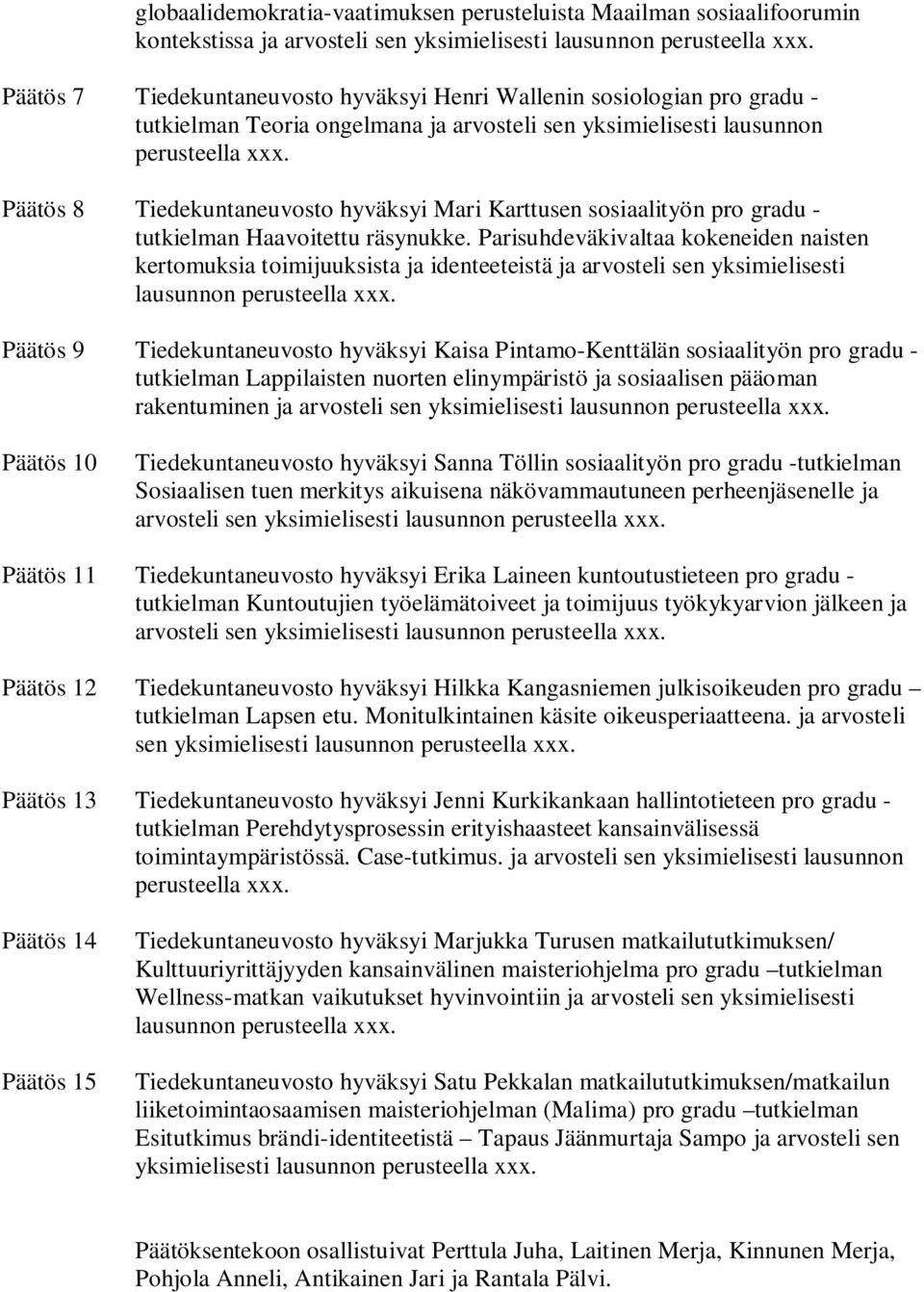 Päätös 8 Tiedekuntaneuvosto hyväksyi Mari Karttusen sosiaalityön pro gradu - tutkielman Haavoitettu räsynukke.