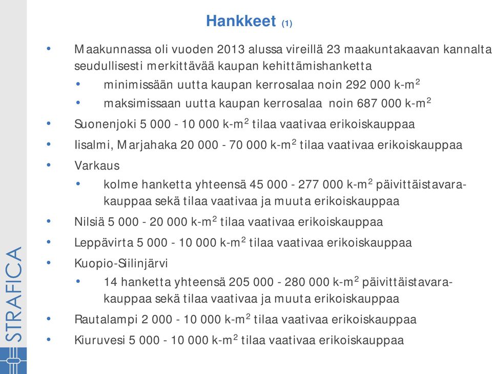 hanketta yhteensä 45 000-277 000 k-m 2 päivittäistavarakauppaa sekä tilaa vaativaa ja muuta erikoiskauppaa Nilsiä 5 000-20 000 k-m 2 tilaa vaativaa erikoiskauppaa Leppävirta 5 000-10 000 k-m 2 tilaa