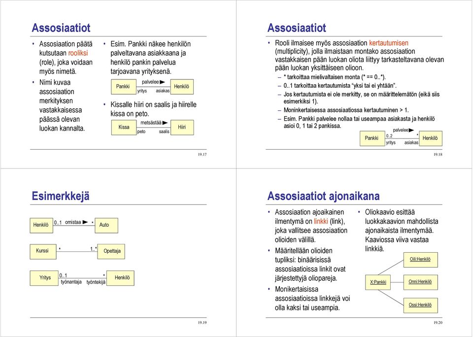 Kissa metsästää peto saalis Hiiri Assosiaatiot Rooli ilmaisee myös assosiaation kertautumisen (multiplicity), jolla ilmaistaan montako assosiaation vastakkaisen pään luokan oliota liittyy