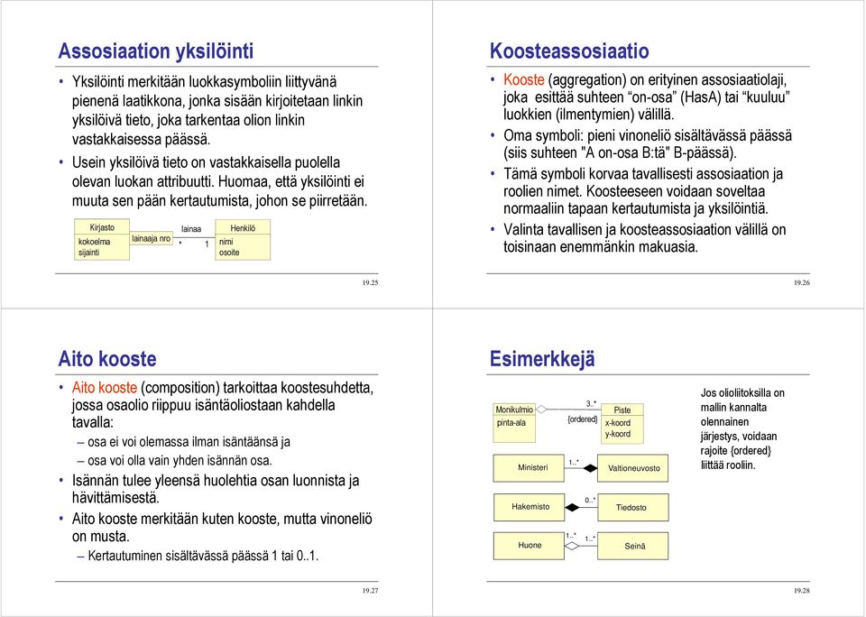 Kirjasto kokoelma sijainti lainaaja nro lainaa nimi osoite Koosteassosiaatio Kooste (aggregation) on erityinen assosiaatiolaji, joka esittää suhteen on-osa (HasA) tai kuuluu luokkien (ilmentymien)