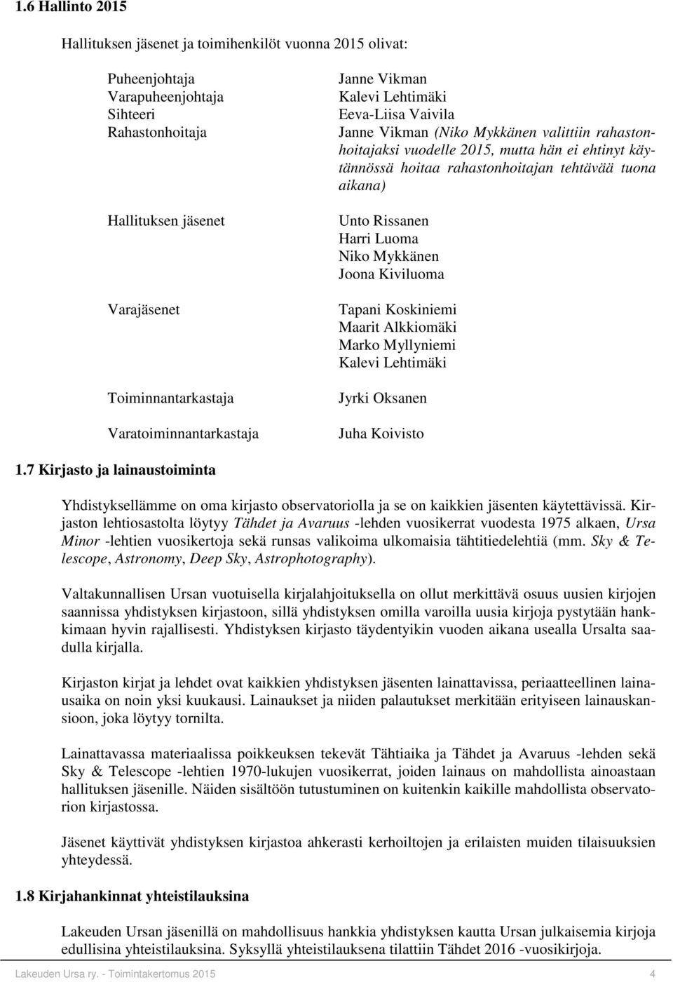 rahastonhoitajan tehtävää tuona aikana) Unto Rissanen Harri Luoma Niko Mykkänen Joona Kiviluoma Tapani Koskiniemi Maarit Alkkiomäki Marko Myllyniemi Kalevi Lehtimäki Jyrki Oksanen Juha Koivisto 1.