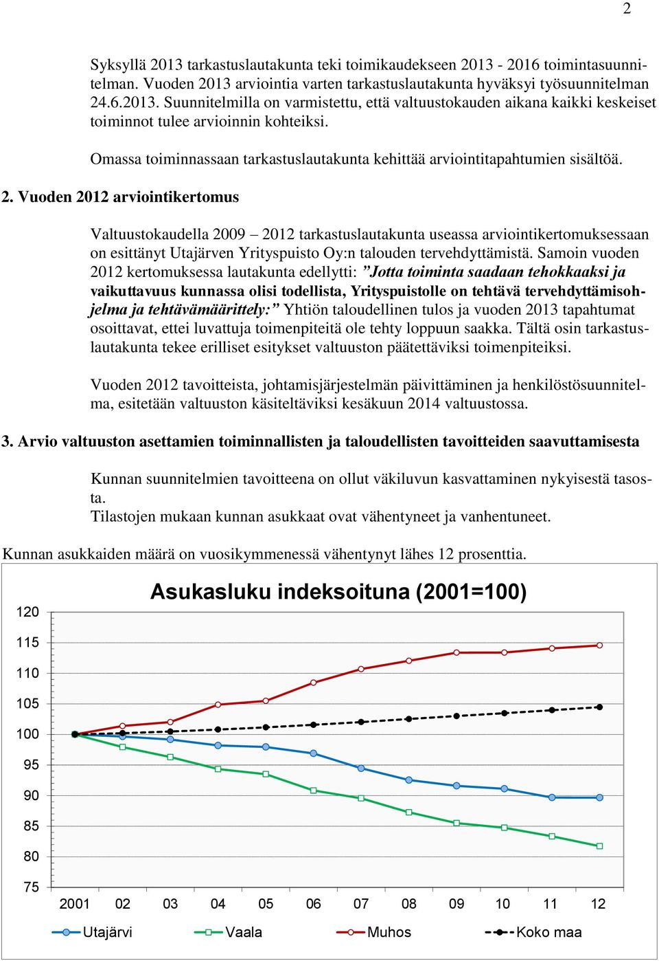 Vuoden 2012 arviointikertomus Valtuustokaudella 2009 2012 tarkastuslautakunta useassa arviointikertomuksessaan on esittänyt Utajärven Yrityspuisto Oy:n talouden tervehdyttämistä.