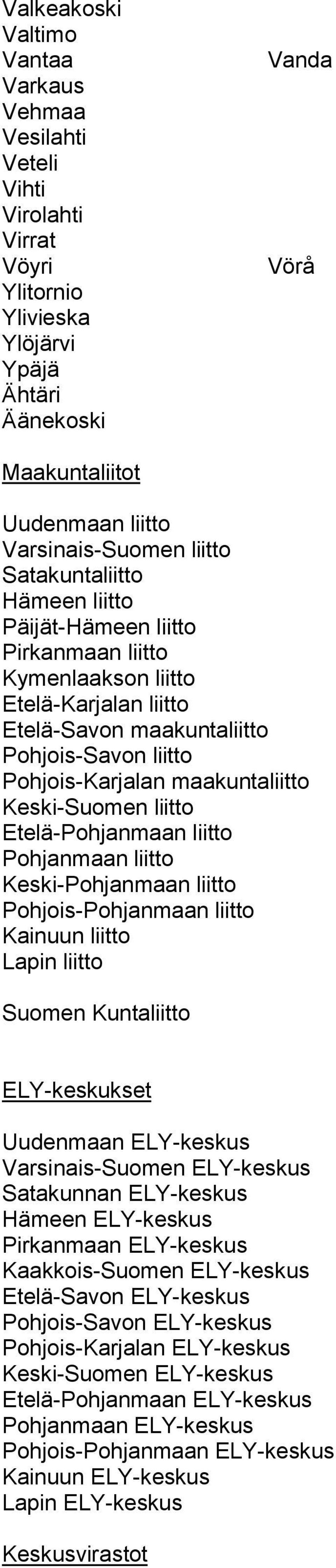 Keski-Suomen liitto Etelä-Pohjanmaan liitto Pohjanmaan liitto Keski-Pohjanmaan liitto Pohjois-Pohjanmaan liitto Kainuun liitto Lapin liitto Suomen Kuntaliitto ELY-keskukset Uudenmaan ELY-keskus