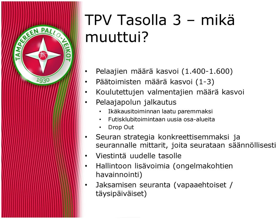 Ikäkausitoiminnan laatu paremmaksi Futisklubitoimintaan uusia osa-alueita Drop Out Seuran strategia