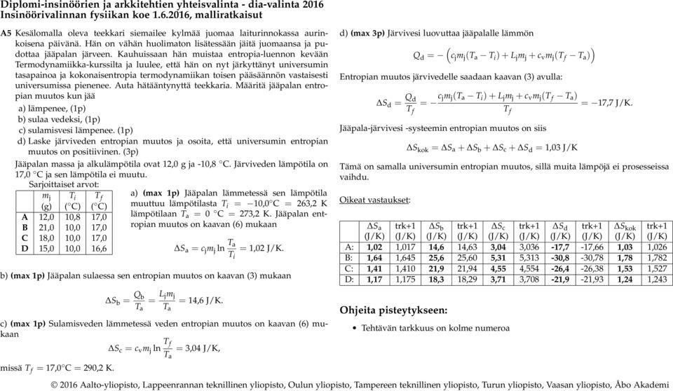 pienenee Auta hätääntynyttä teekkaria Määritä jääpalan entropian muutos kun jää a) lämpenee, (1p) b) sulaa vedeksi, (1p) c) sulamisvesi lämpenee (1p) d) Laske järviveden entropian muutos ja osoita,