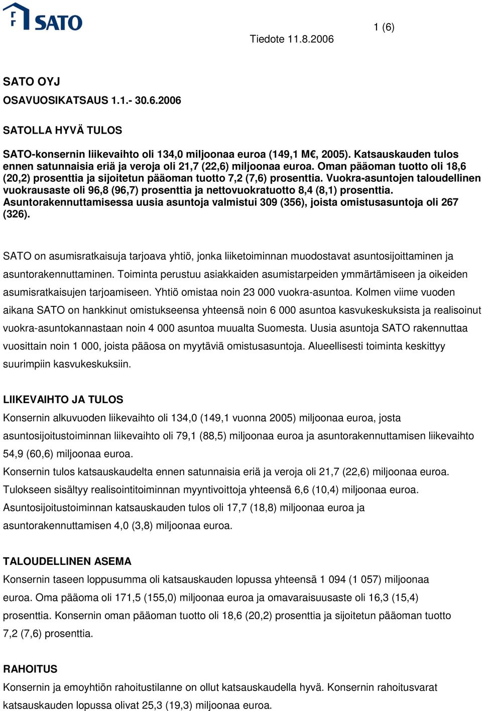 Vuokra-asuntojen taloudellinen vuokrausaste oli 96,8 (96,7) prosenttia ja nettovuokratuotto 8,4 (8,1) prosenttia.