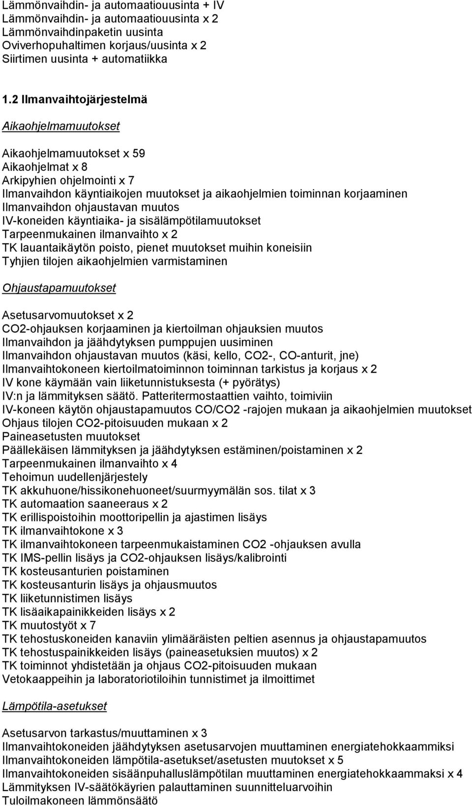 Ilmanvaihdon ohjaustavan muutos IV-koneiden käyntiaika- ja sisälämpötilamuutokset Tarpeenmukainen ilmanvaihto x 2 TK lauantaikäytön poisto, pienet muutokset muihin koneisiin Tyhjien tilojen