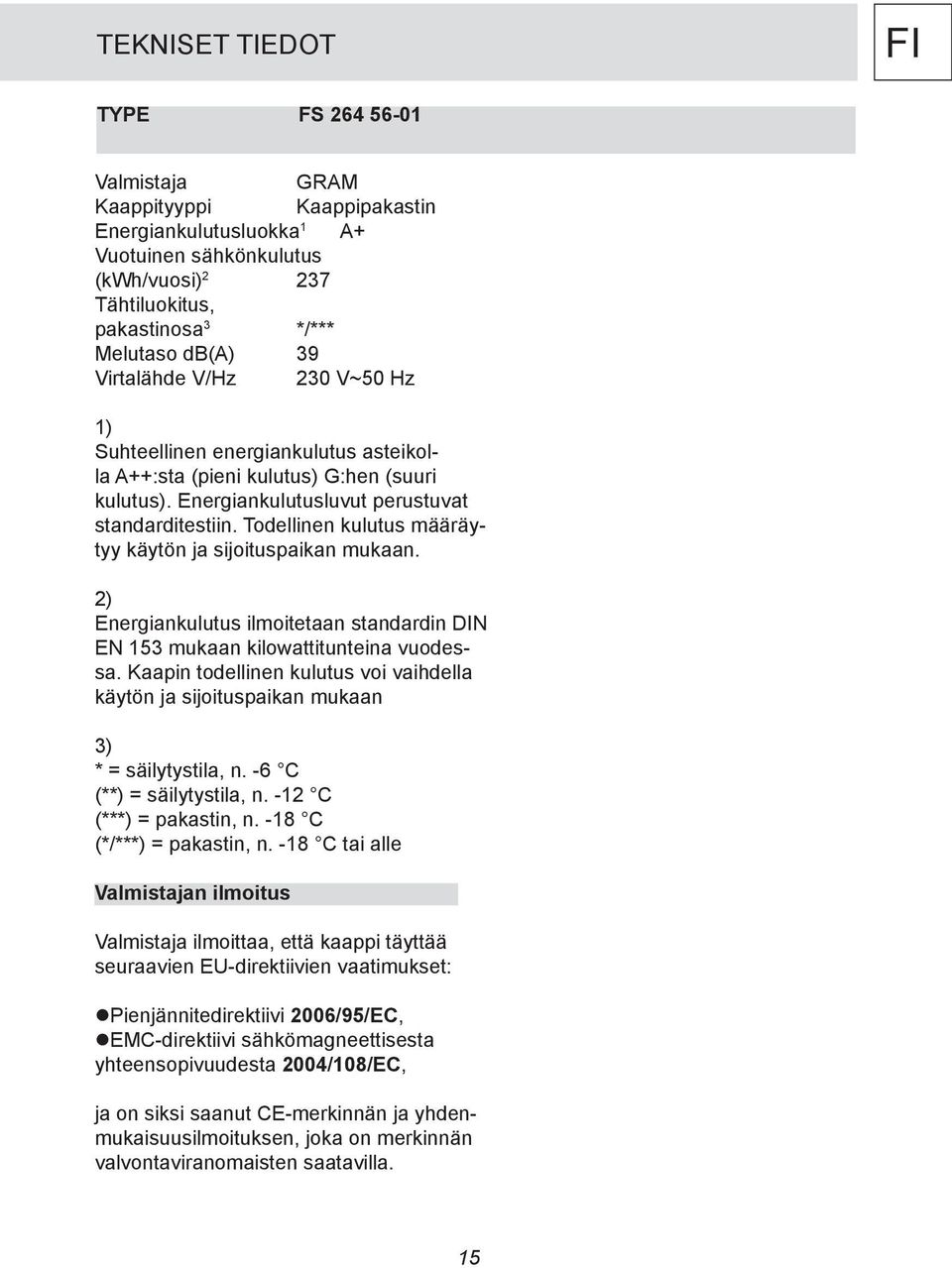 Todellinen kulutus määräytyy käytön ja sijoituspaikan mukaan. 2) Energiankulutus ilmoitetaan standardin DIN EN 153 mukaan kilowattitunteina vuodessa.