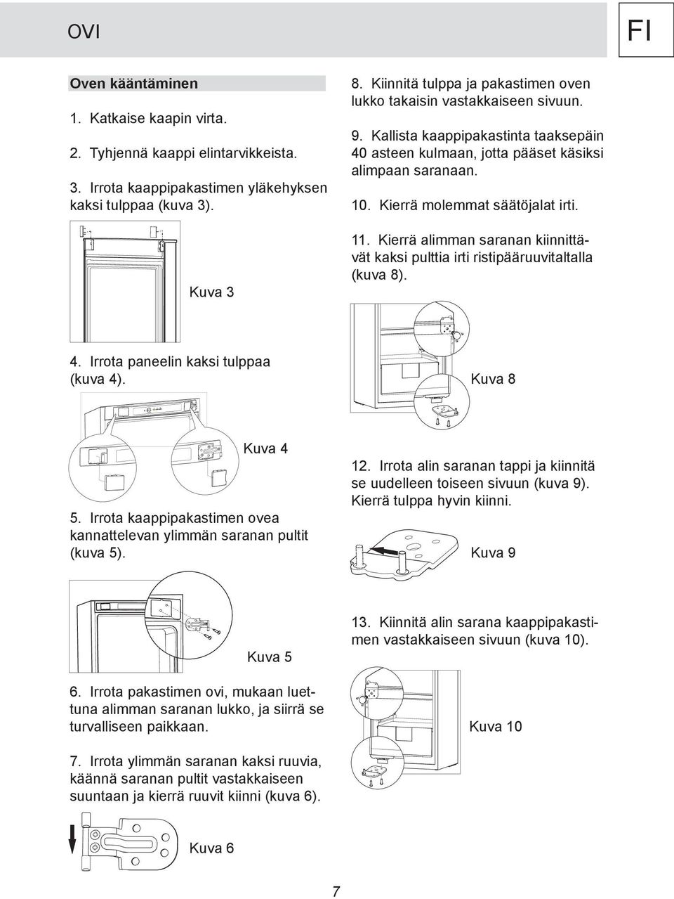 Kierrä molemmat säätöjalat irti. 11. Kierrä alimman saranan kiinnittävät kaksi pulttia irti ristipääruuvitaltalla (kuva 8). 4. Irrota paneelin kaksi tulppaa (kuva 4). Kuva 8 Kuva 4 5.