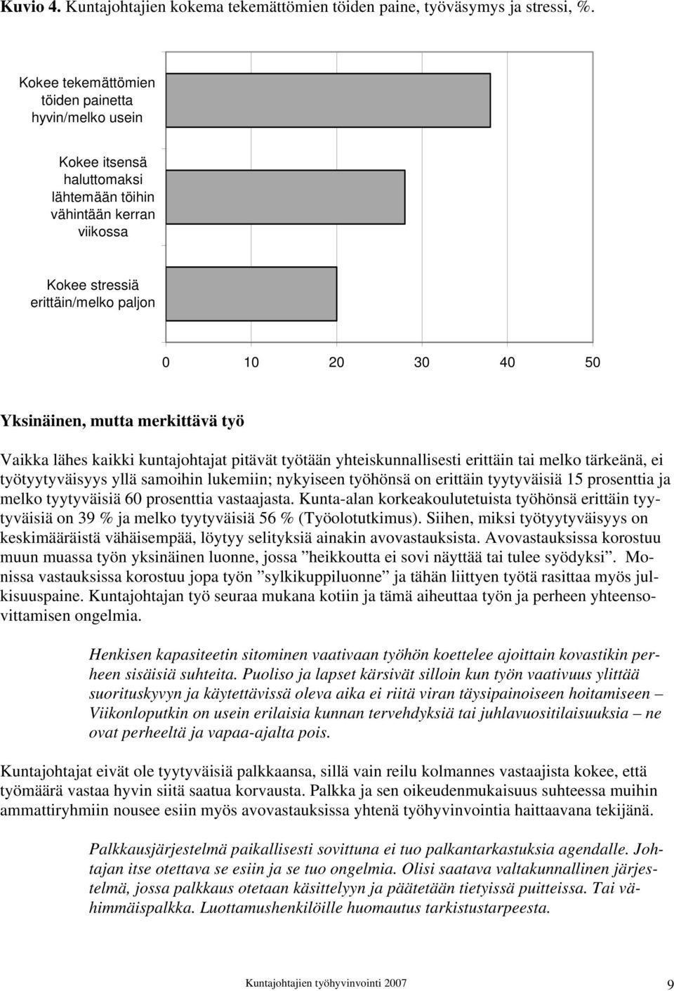 merkittävä työ Vaikka lähes kaikki kuntajohtajat pitävät työtään yhteiskunnallisesti erittäin tai melko tärkeänä, ei työtyytyväisyys yllä samoihin lukemiin; nykyiseen työhönsä on erittäin tyytyväisiä