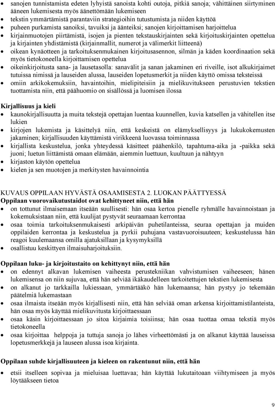 kirjoituskirjainten opettelua ja kirjainten yhdistämistä (kirjainmallit, numerot ja välimerkit liitteenä) oikean kynäotteen ja tarkoituksenmukainen kirjoitusasennon, silmän ja käden koordinaation