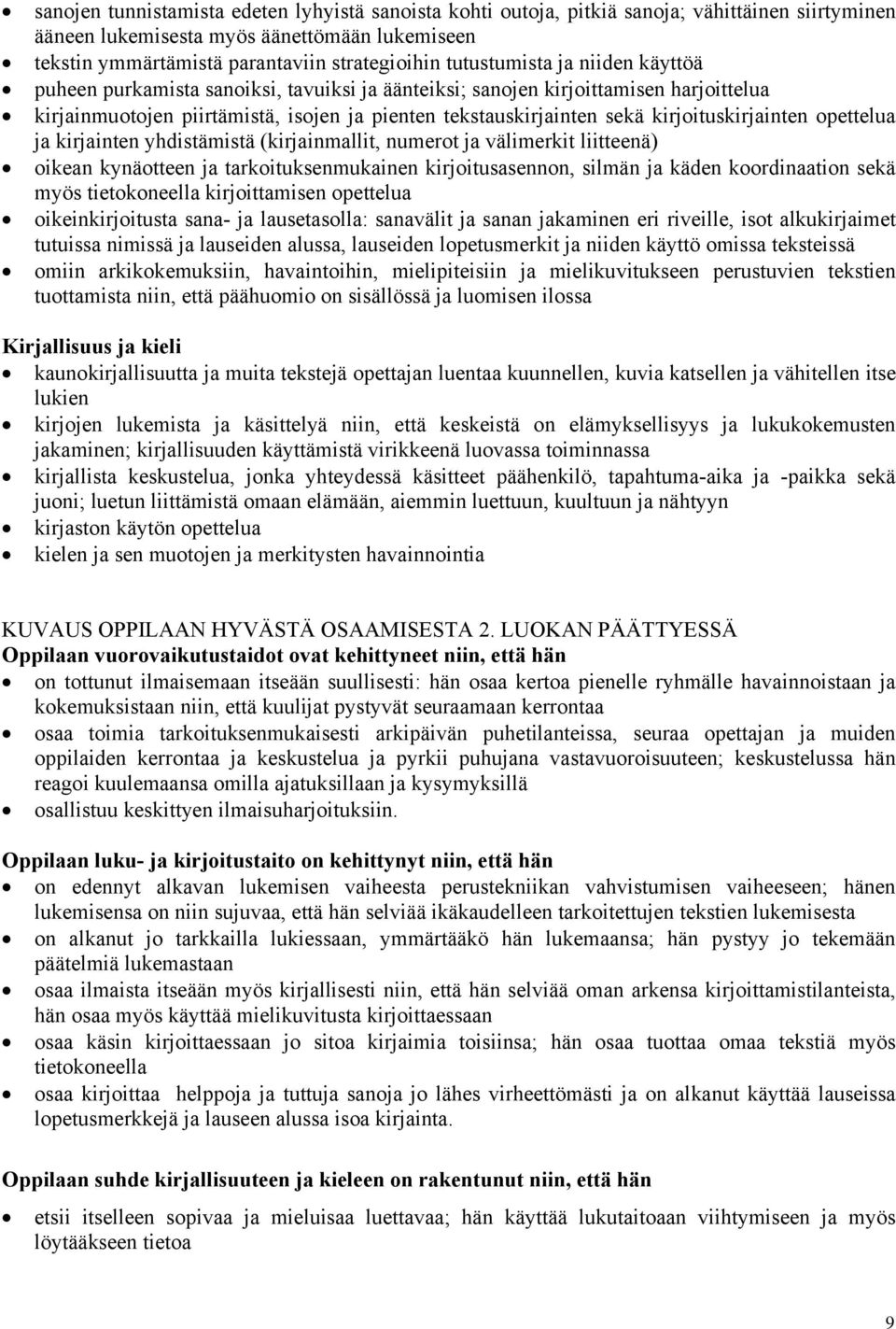 kirjoituskirjainten opettelua ja kirjainten yhdistämistä (kirjainmallit, numerot ja välimerkit liitteenä) oikean kynäotteen ja tarkoituksenmukainen kirjoitusasennon, silmän ja käden koordinaation