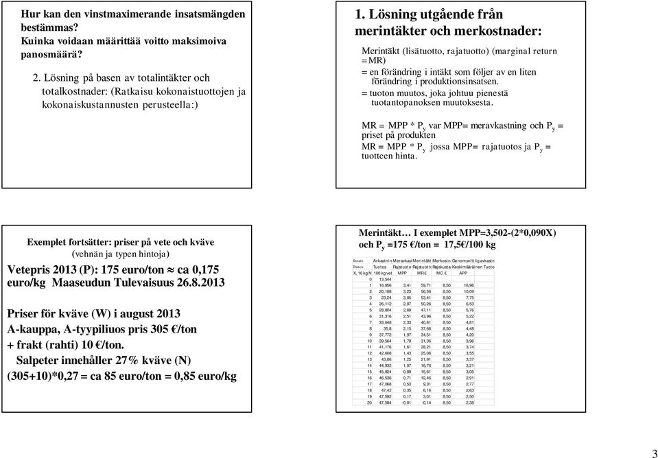 Lösning utgående från merintäkter och merkostnader: Merintäkt (lisätuotto, rajatuotto) (marginal return =MR) = en förändring i intäkt som följer av en liten förändring i produktionsinsatsen.