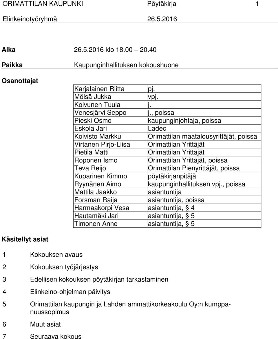 Roponen Ismo Orimattilan Yrittäjät, poissa Teva Reijo Orimattilan Pienyrittäjät, poissa Kuparinen Kimmo pöytäkirjanpitäjä Ryynänen Aimo kaupunginhallituksen vpj.