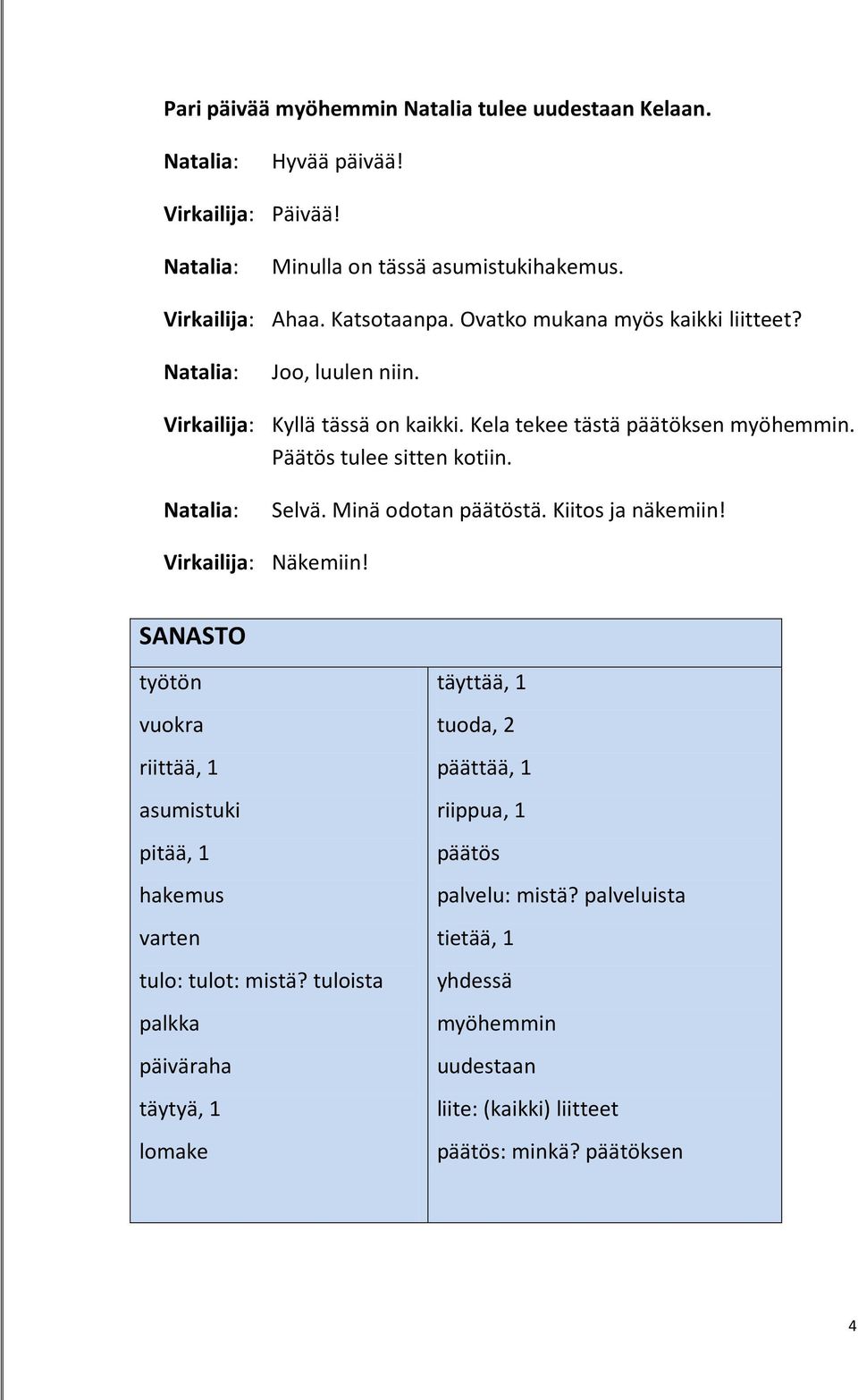 Minä odotan päätöstä. Kiitos ja näkemiin! Virkailija: Näkemiin! SANASTO työtön vuokra riittää, 1 asumistuki pitää, 1 hakemus varten tulo: tulot: mistä?