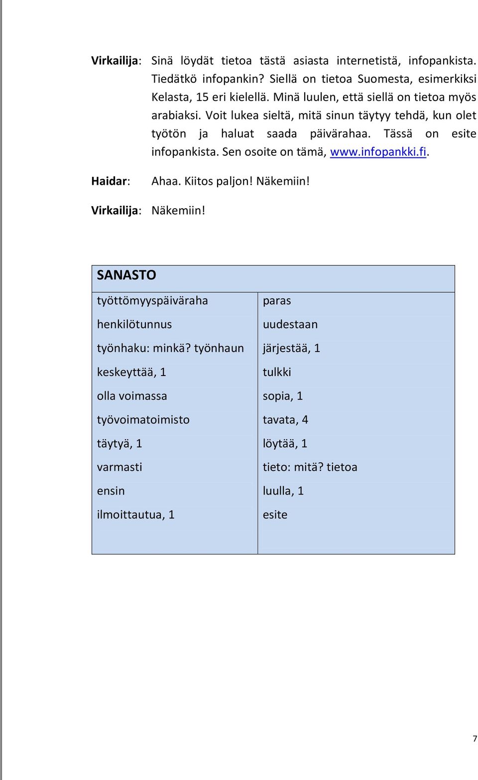 Sen osoite on tämä, www.infopankki.fi. Ahaa. Kiitos paljon! Näkemiin! Virkailija: Näkemiin! SANASTO työttömyyspäiväraha henkilötunnus työnhaku: minkä?