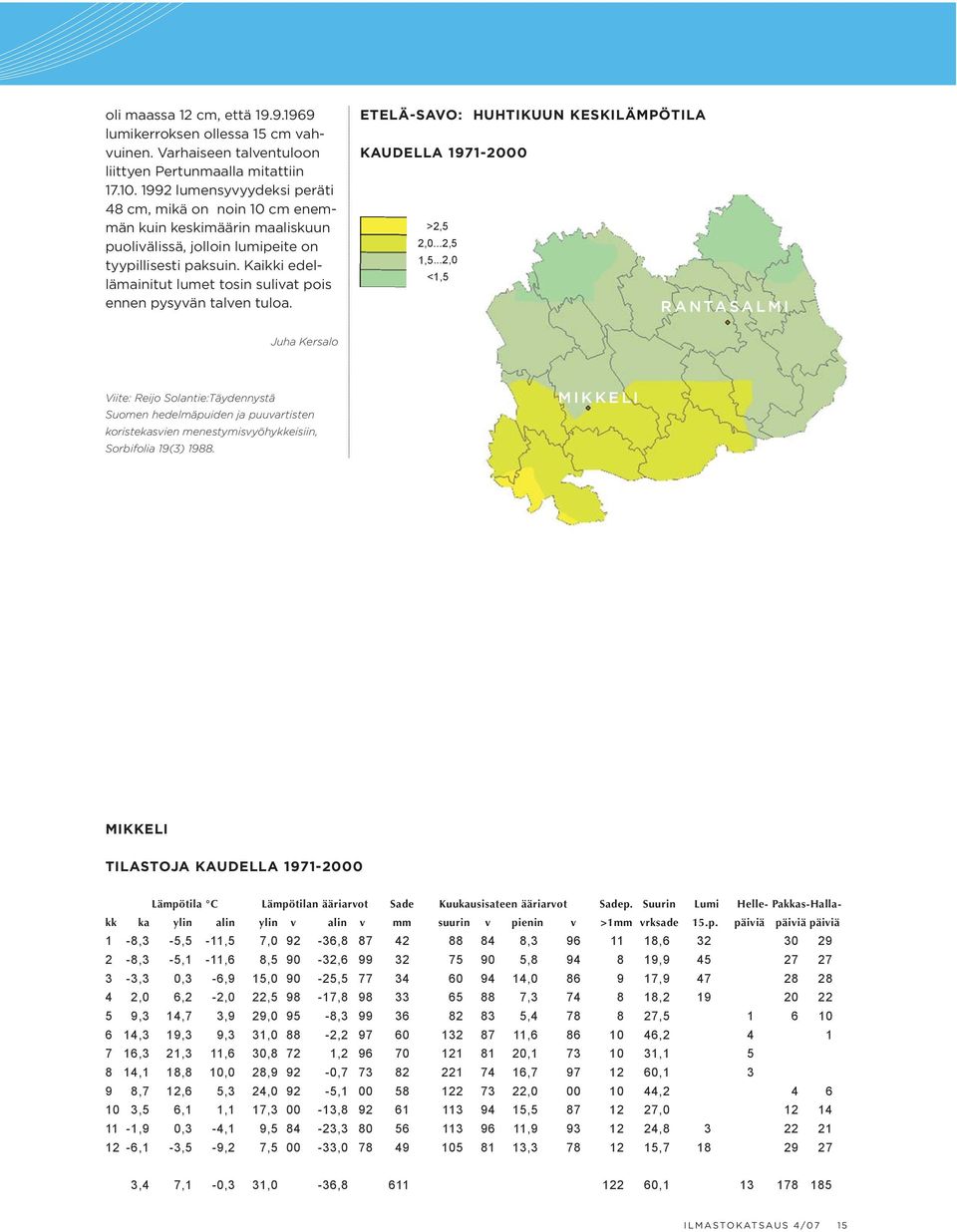 Kaikki edellämainitut lumet tosin sulivat pois ennen pysyvän talven tuloa. ETELÄ-SAVO: HUHTIKUUN KESKILÄMPÖTILA KAUDELLA 1971-2000 >2,5 2,0...2,5 1,5.
