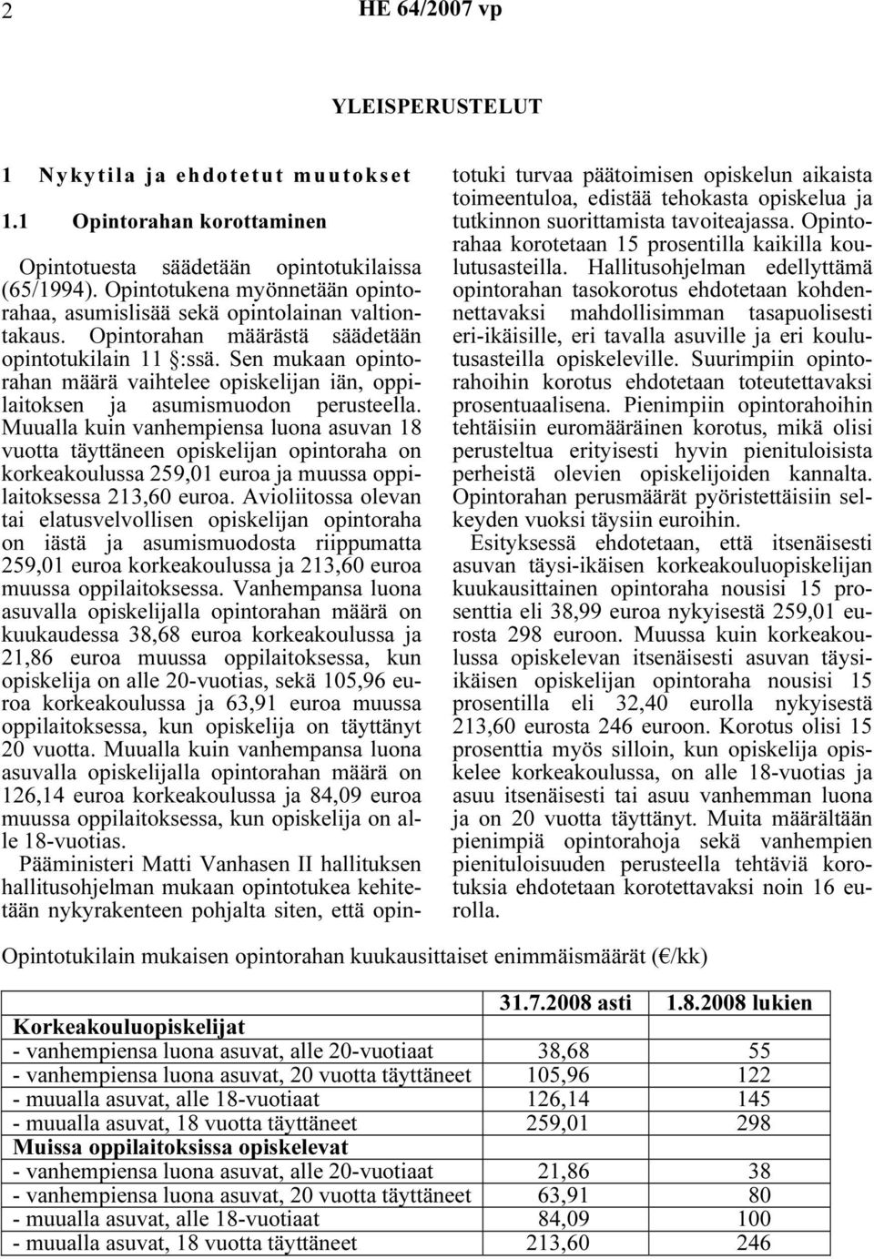 Sen mukaan opintorahan määrä vaihtelee opiskelijan iän, oppilaitoksen ja asumismuodon perusteella.