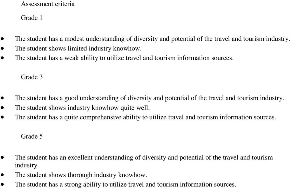 Grade 3 The student has a good understanding of diversity and potential of the travel and tourism industry. The student shows industry knowhow quite well.