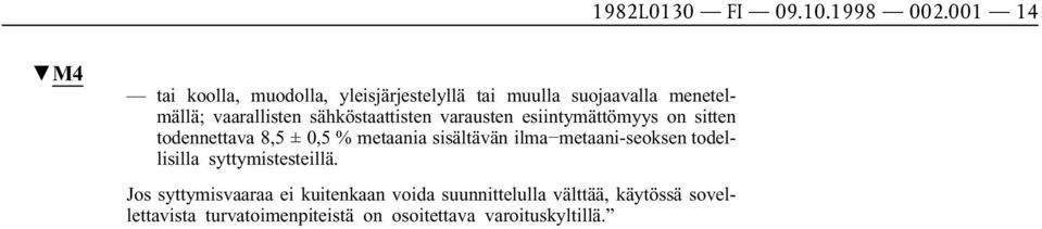 sähköstaattisten varausten esiintymättömyys on sitten todennettava 8,5 ± 0,5 % metaania sisältävän ilma