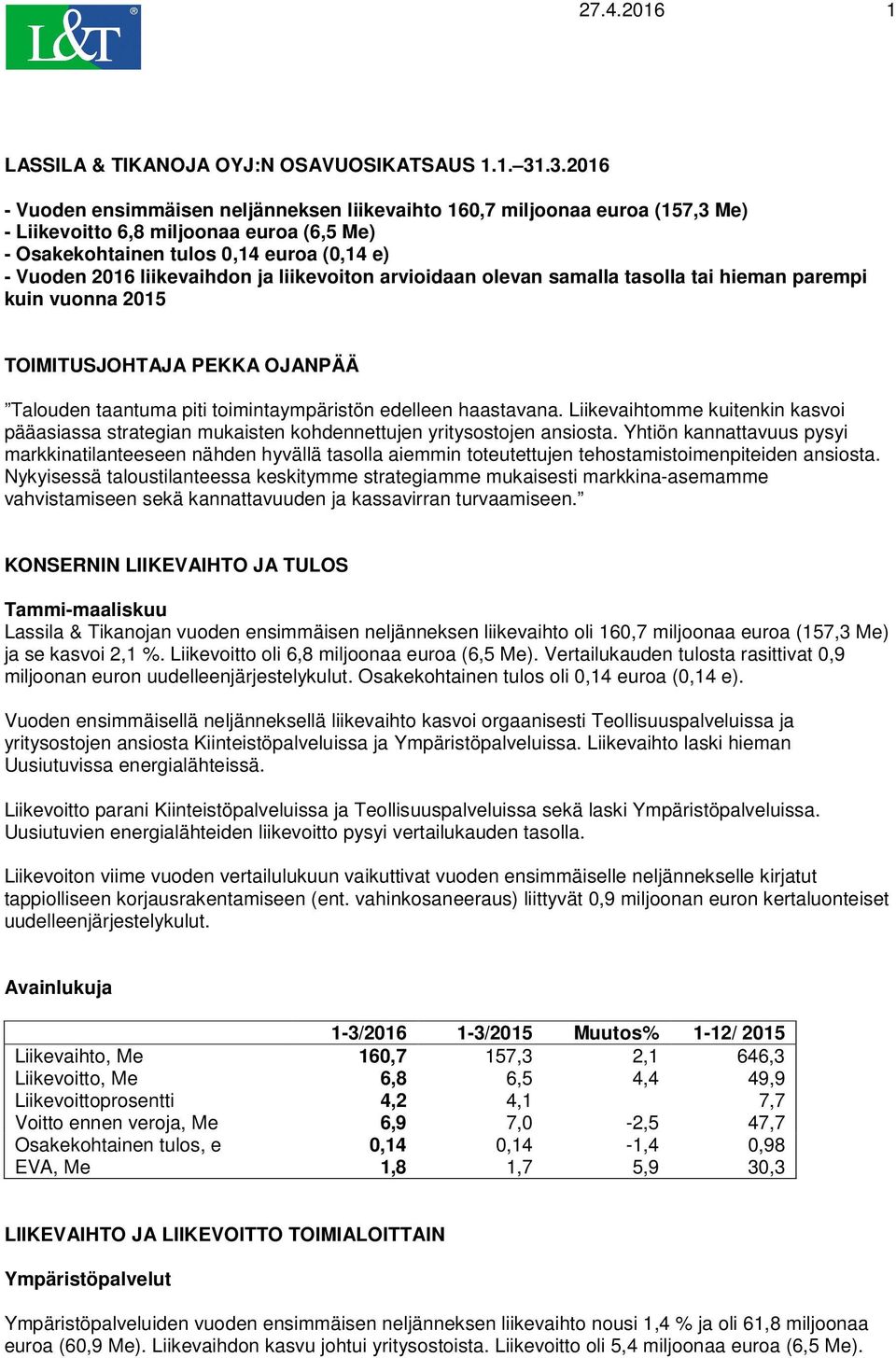 ja liikevoiton arvioidaan olevan samalla tasolla tai hieman parempi kuin vuonna 2015 TOIMITUSJOHTAJA PEKKA OJANPÄÄ Talouden taantuma piti toimintaympäristön edelleen haastavana.