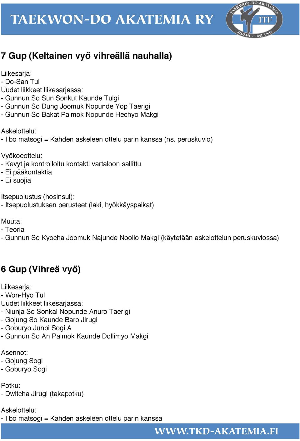 peruskuvio) Vyökoeottelu: - Kevyt ja kontrolloitu kontakti vartaloon sallittu - Ei pääkontaktia - Ei suojia Itsepuolustus (hosinsul): - Itsepuolustuksen perusteet (laki, hyökkäyspaikat) - Gunnun So