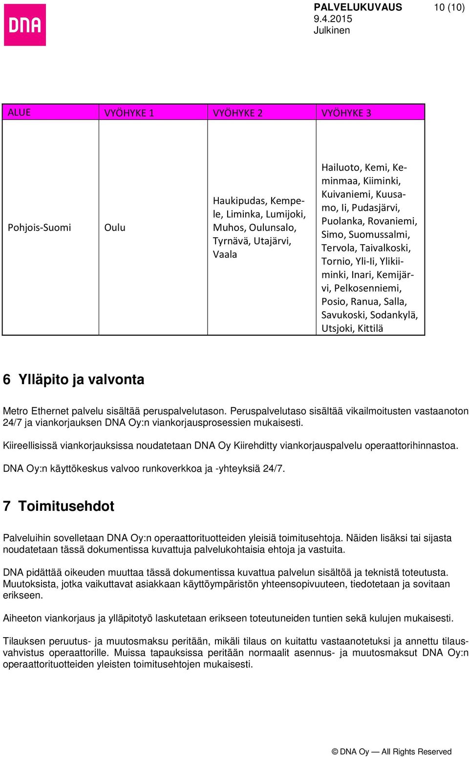 Sodankylä, Utsjoki, Kittilä 6 Ylläpito ja valvonta Metro Ethernet palvelu sisältää peruspalvelutason.