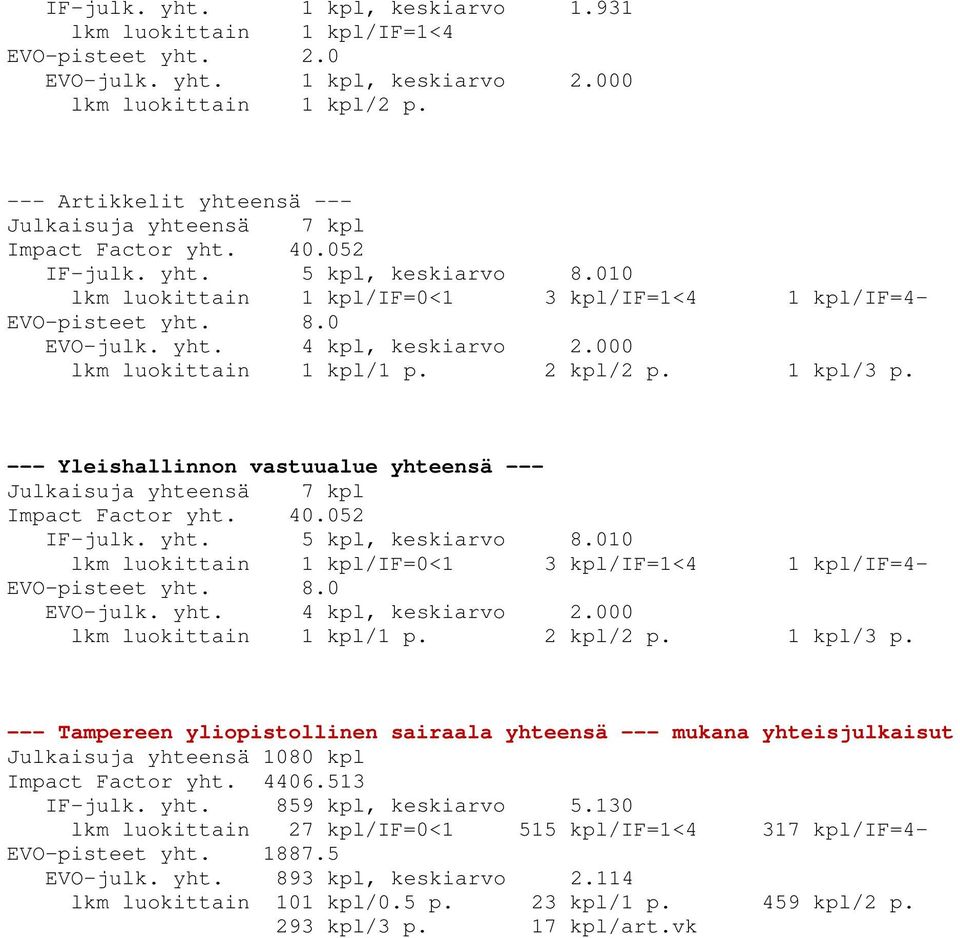 --- Yleishallinnon vastuualue yhteensä --- Julkaisuja yhteensä 7 kpl Impact Factor yht. 40.