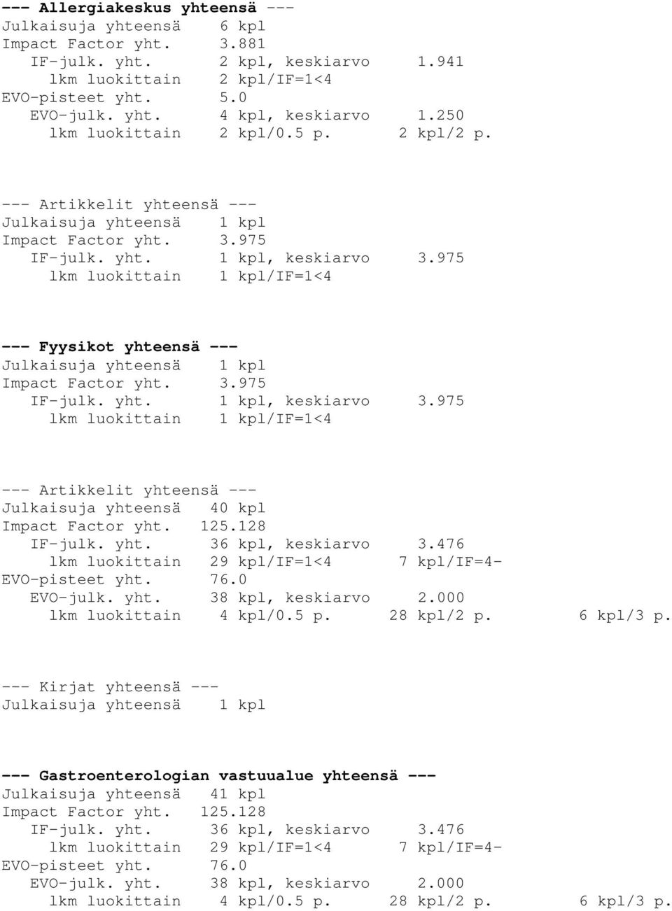 125.128 IF-julk. yht. 36 kpl, keskiarvo 3.476 lkm luokittain 29 kpl/if=1<4 7 kpl/if=4- EVO-pisteet yht. 76.0 EVO-julk. yht. 38 kpl, keskiarvo 2.000 lkm luokittain 4 kpl/0.5 p. 28 kpl/2 p. 6 kpl/3 p.