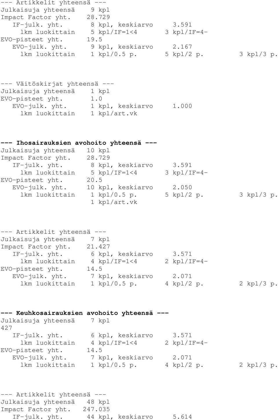 vk --- Ihosairauksien avohoito yhteensä --- Julkaisuja yhteensä 10 kpl Impact Factor yht. 28.729 IF-julk. yht. 8 kpl, keskiarvo 3.591 lkm luokittain 5 kpl/if=1<4 3 kpl/if=4- EVO-pisteet yht. 20.