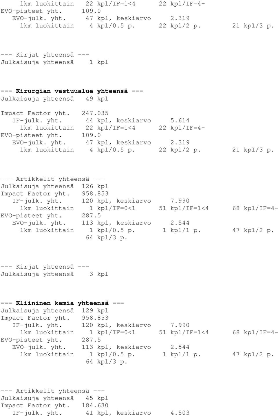 614  Julkaisuja yhteensä 126 kpl Impact Factor yht. 958.853 IF-julk. yht. 120 kpl, keskiarvo 7.990 lkm luokittain 1 kpl/if=0<1 51 kpl/if=1<4 68 kpl/if=4- EVO-pisteet yht. 287.5 EVO-julk. yht. 113 kpl, keskiarvo 2.