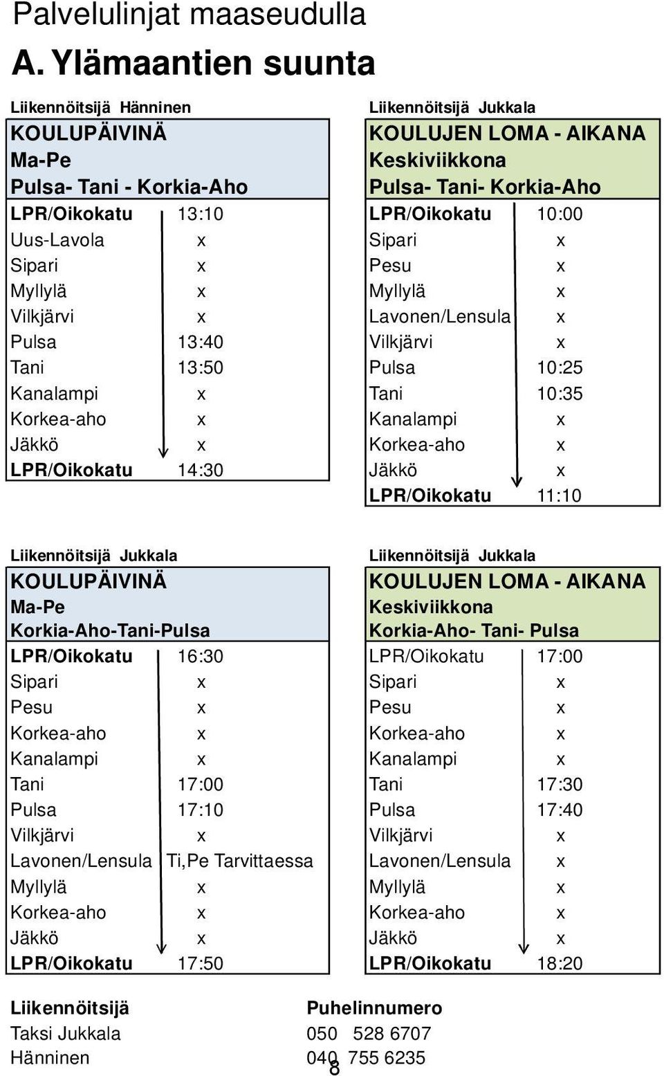 LPR/Oikokatu 10:00 Uus-Lavola x Sipari x Sipari x Pesu x Myllylä x Myllylä x Vilkjärvi x Lavonen/Lensula x Pulsa 13:40 Vilkjärvi x Tani 13:50 Pulsa 10:25 Kanalampi x Tani 10:35 Korkea-aho x Kanalampi