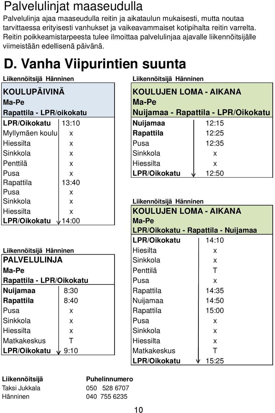 Vanha Viipurintien suunta Liikennöitsijä Hänninen Liikennöitsijä Hänninen KOULUPÄIVINÄ KOULUJEN LOMA - AIKANA Ma-Pe Ma-Pe Rapattila - LPR/oikokatu Nuijamaa - Rapattila - LPR/Oikokatu LPR/Oikokatu