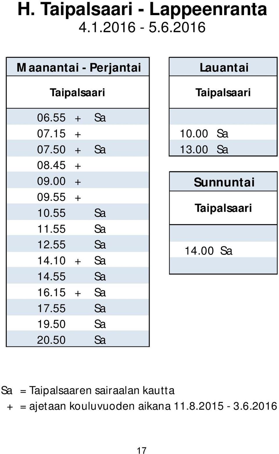 50 + Sa 13.00 Sa 08.45 + 09.00 + Sunnuntai 09.55 + 10.55 Sa Taipalsaari 11.55 Sa 12.55 Sa 14.